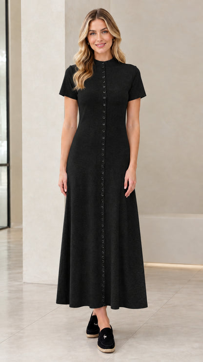 Full-length front view of woman wearing Black button-front short sleeve maxi dress