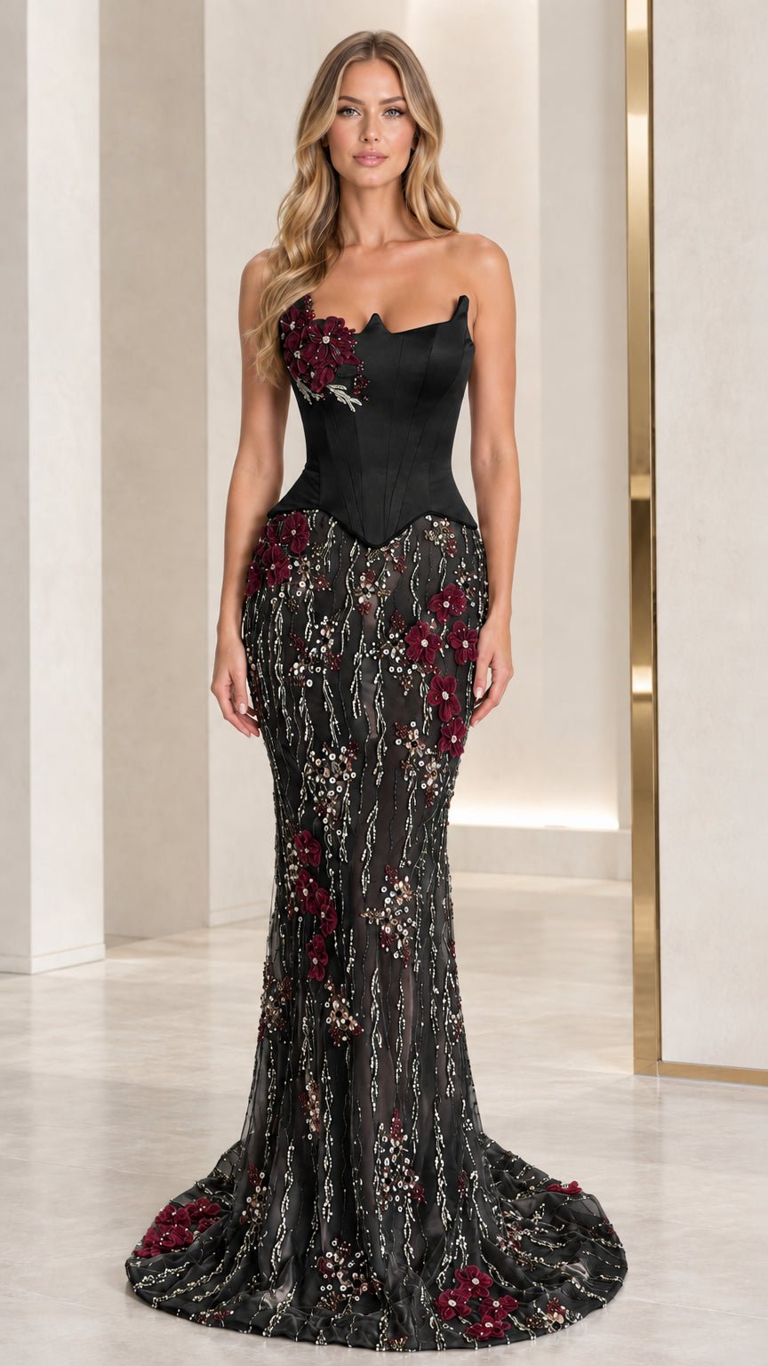 Full-length view of black corset mermaid evening dress with embroidered floral skirt