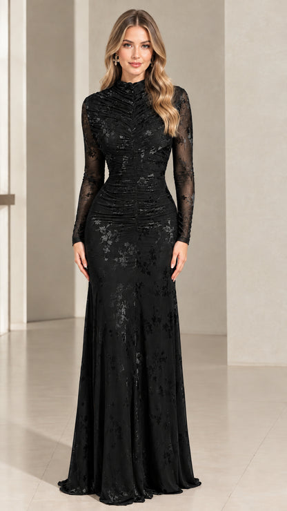Front view of model wearing Black Ruched Floral Lace Maxi Dress
