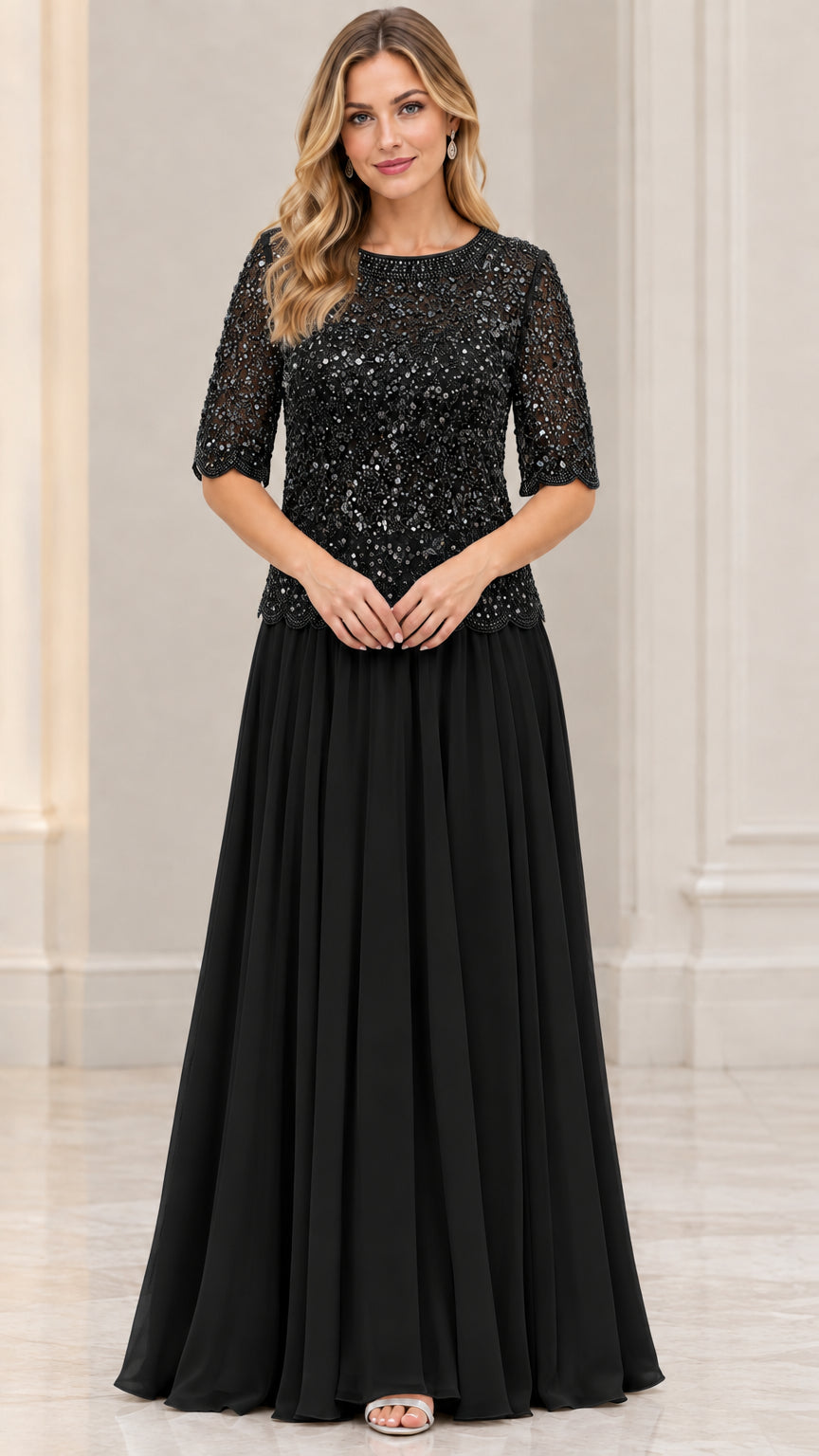 Model wearing Black sequin and chiffon floor-length formal evening gown