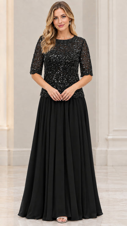 Model wearing Black sequin and chiffon floor-length formal evening gown