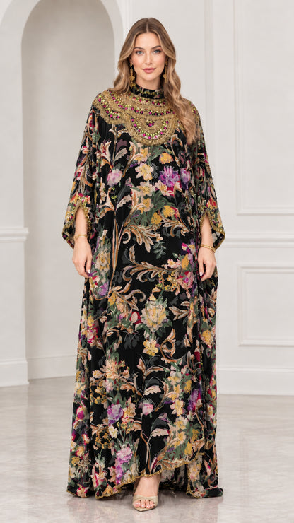 Model wearing Black floral print embellished kaftan maxi dress