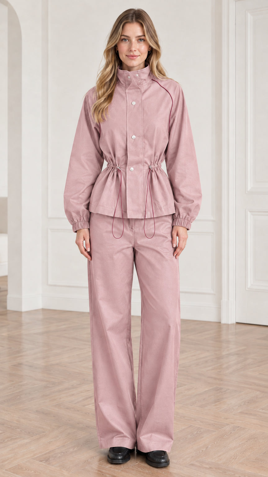Front view of woman wearing dusty pink drawstring jacket and matching wide leg pants set