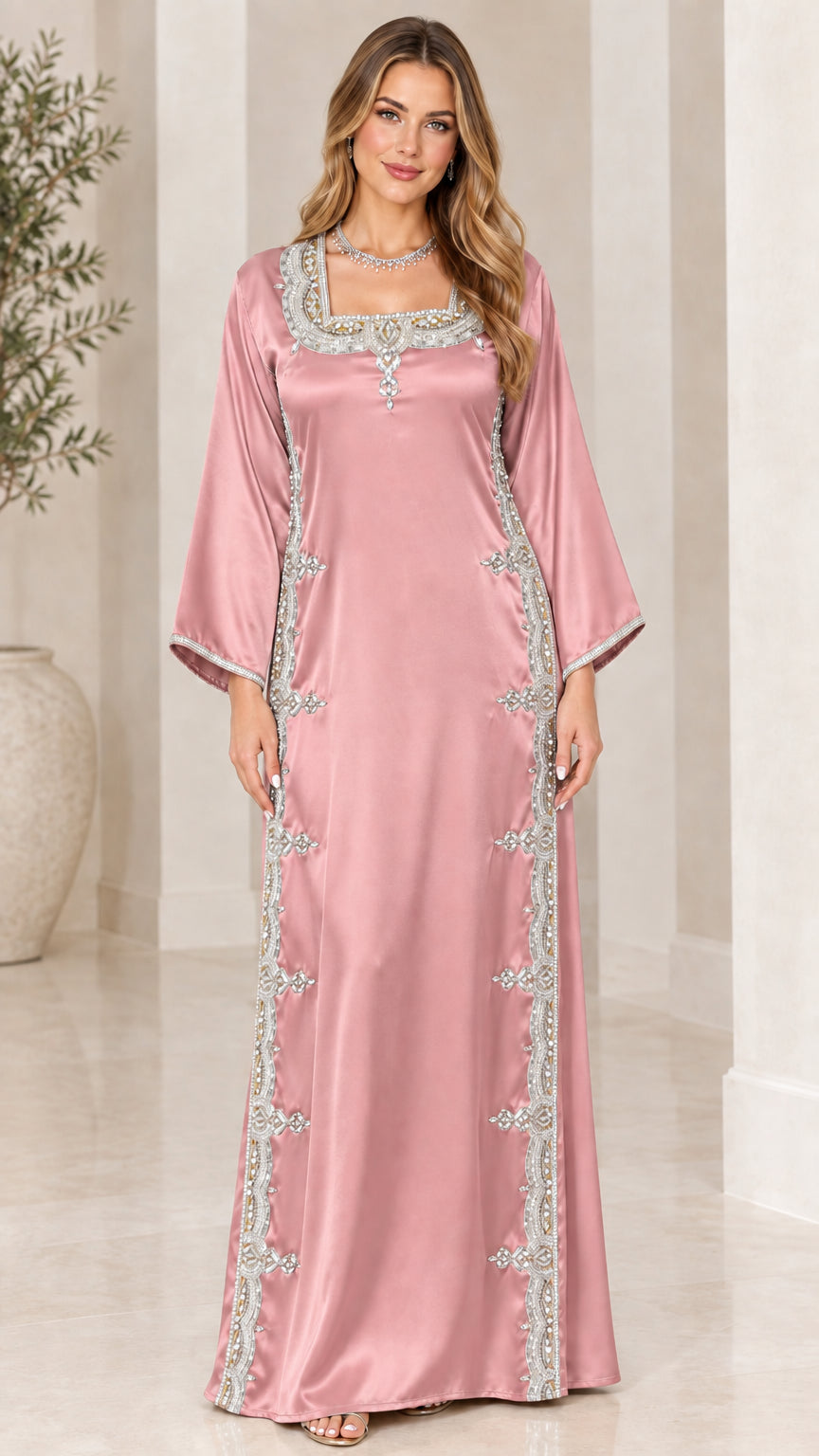 Blush pink satin maxi kaftan dress with ornate silver neckline and side detailing