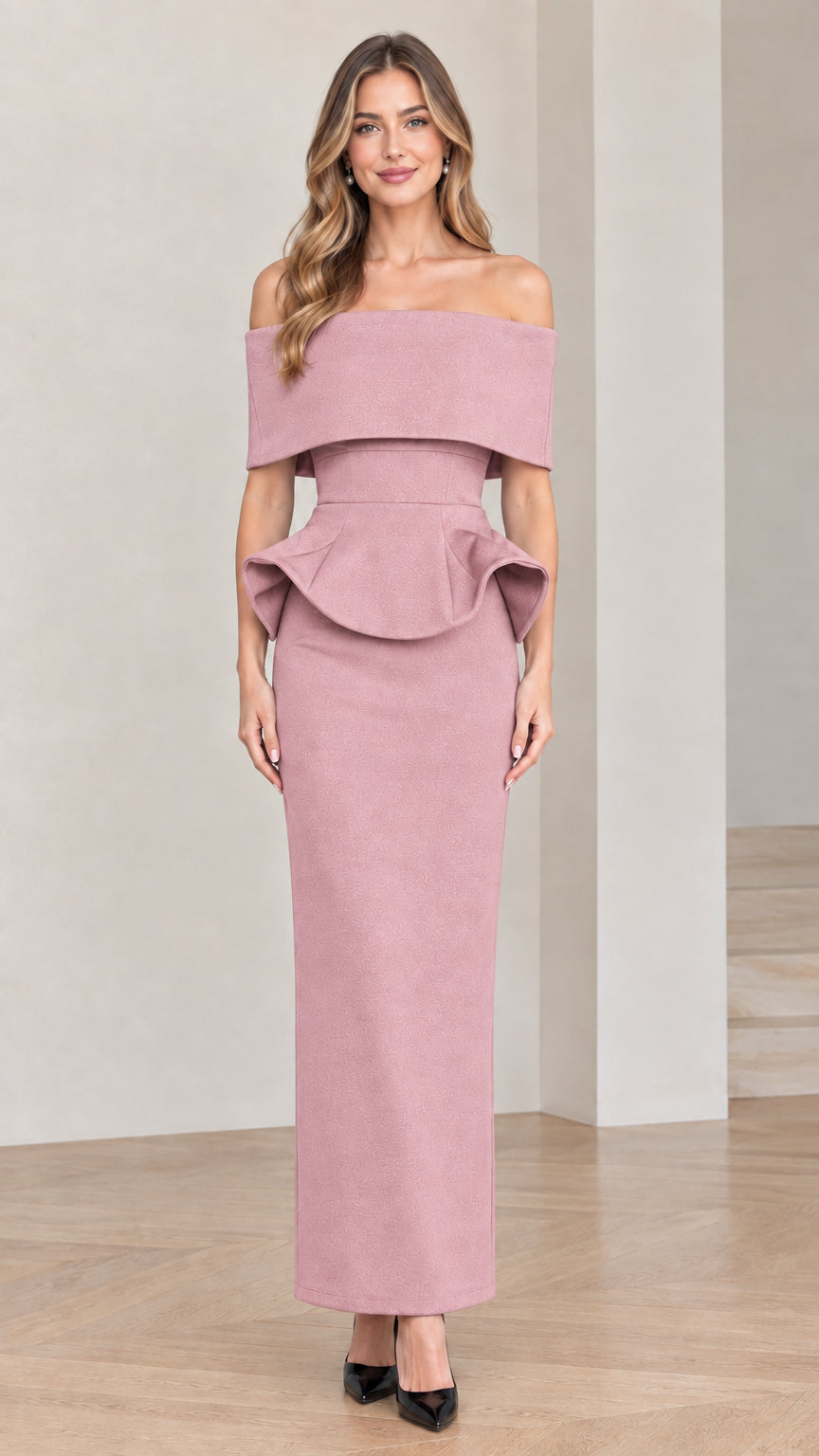 Dusty pink off-the-shoulder peplum column evening dress