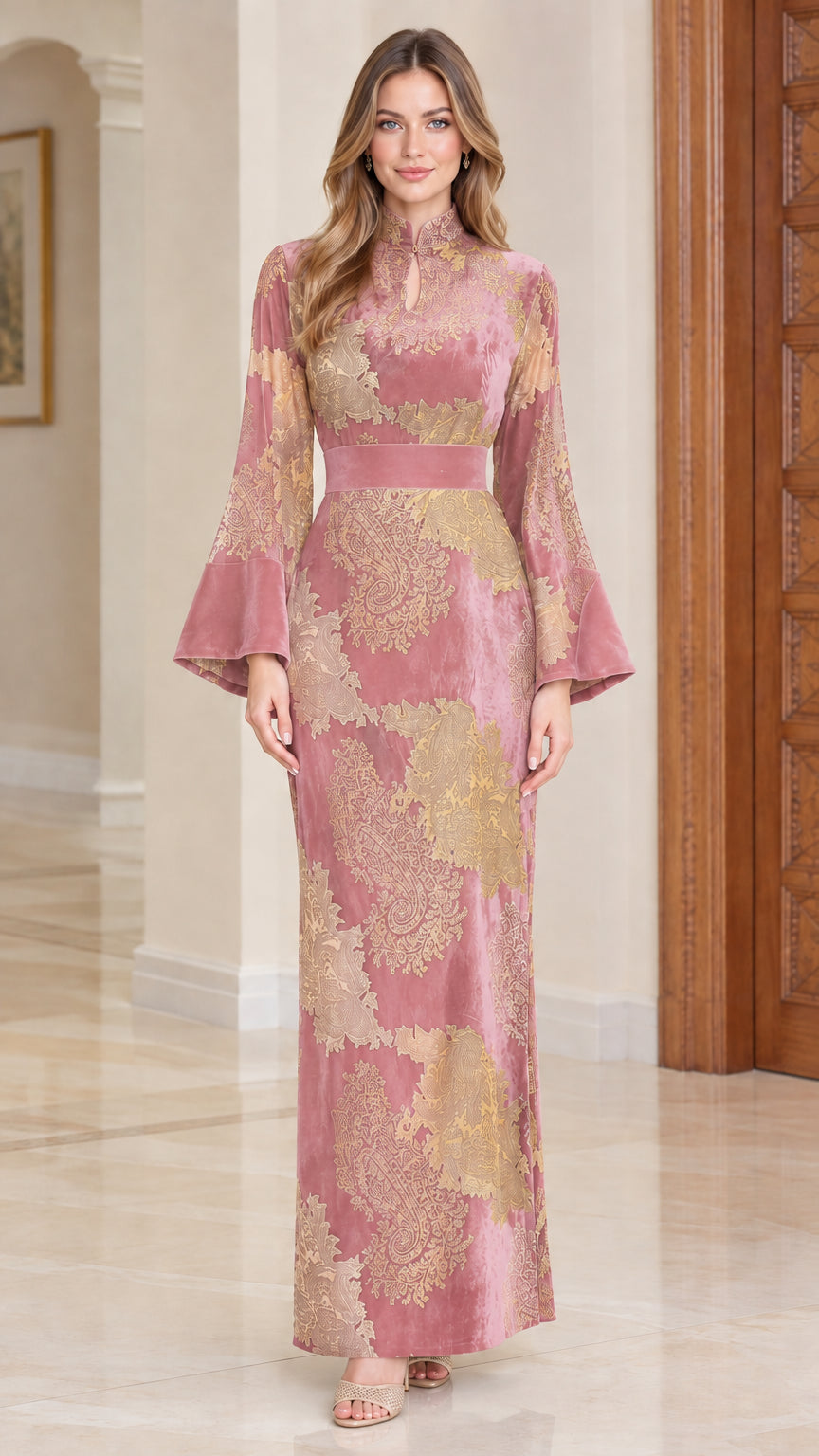 Full-length dusty pink floral jacquard velvet maxi gown with bell sleeves