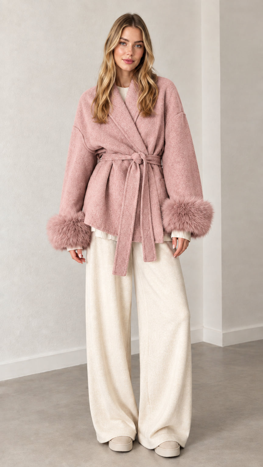 Front view of dusty pink belted wrap coat with plush faux fur trim