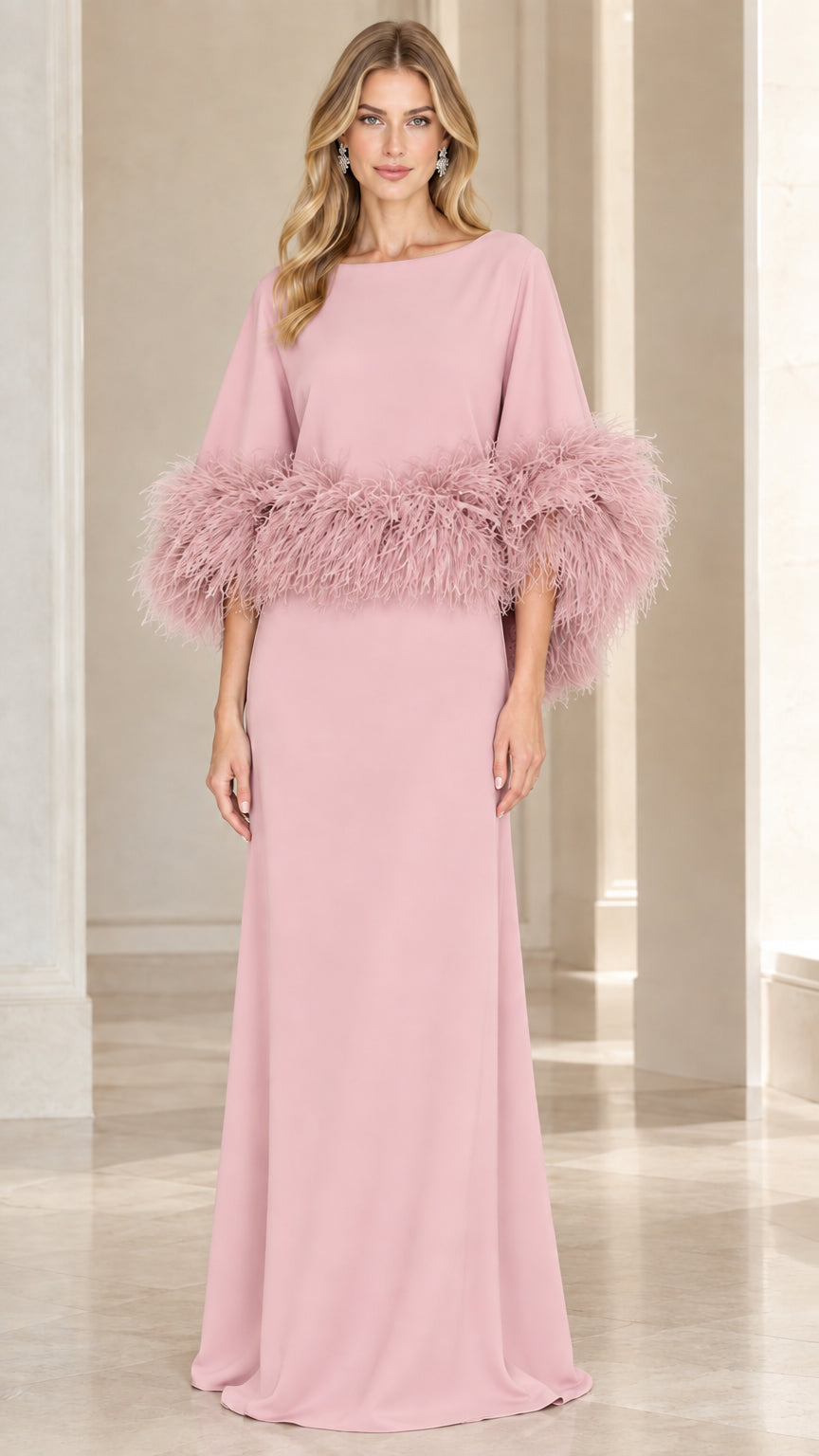Front full-length view of dusty pink feather-trim cape sleeve evening gown