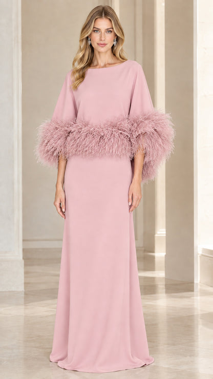 Front full-length view of dusty pink feather-trim cape sleeve evening gown