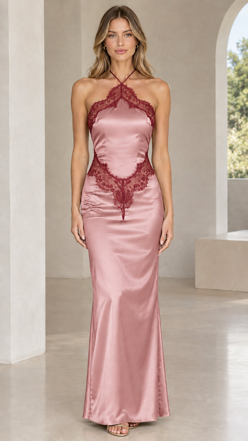 Front view of model wearing dusty pink satin halter maxi dress with burgundy lace trim