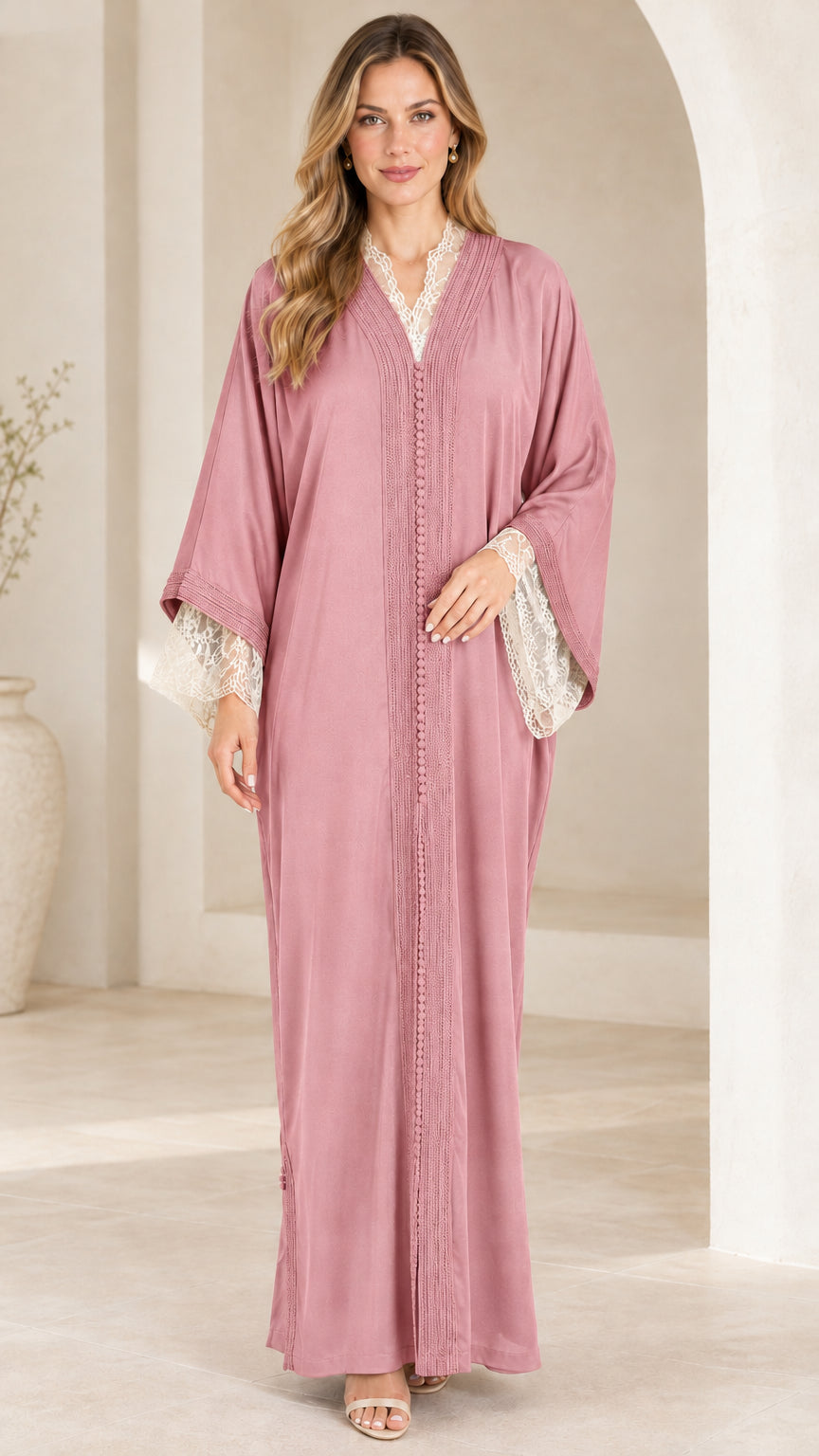 Dusty rose modest maxi abaya dress with white floral lace cuffs front view