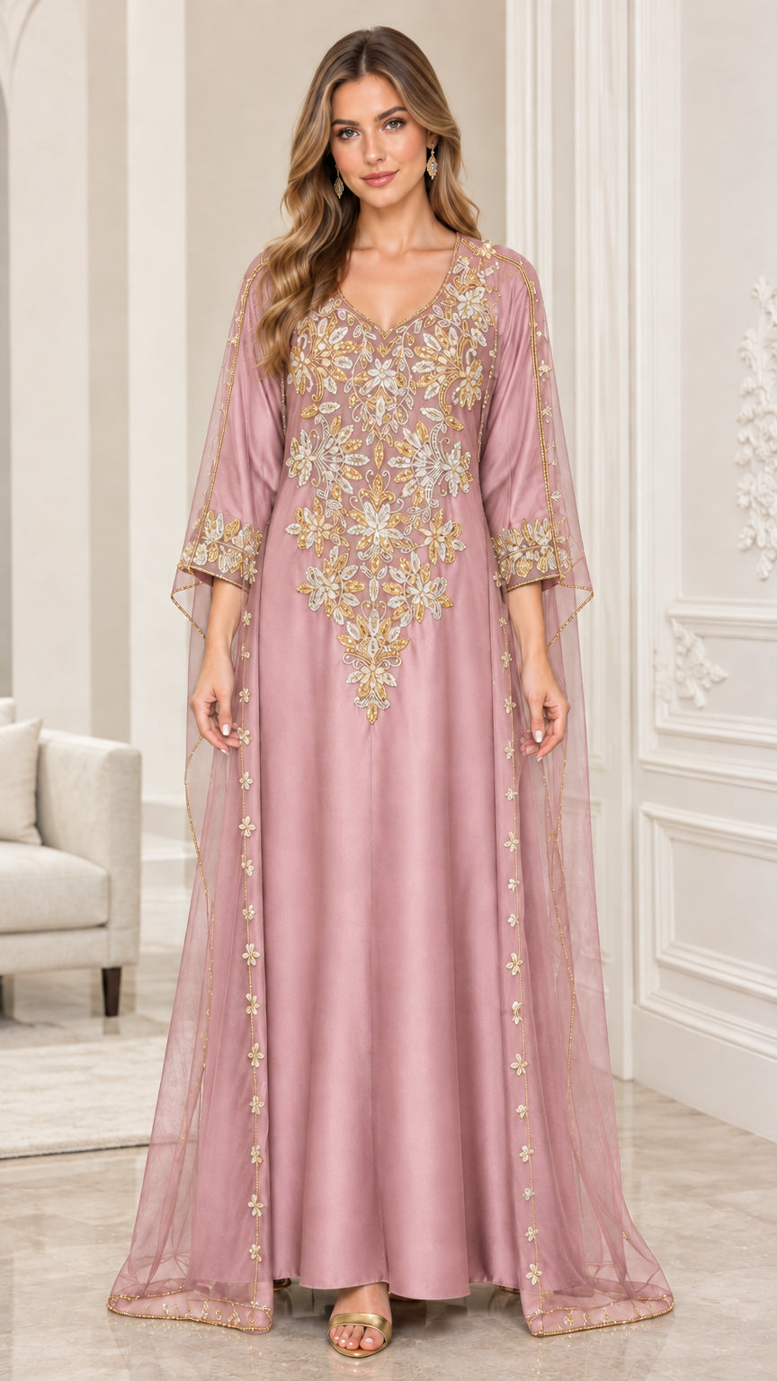 Model wearing Dusty Pink embroidered cape kaftan maxi dress with metallic details