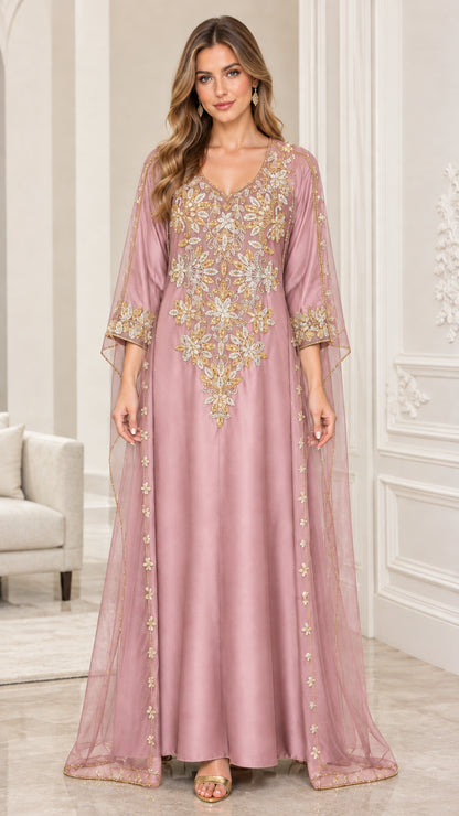 Model wearing Dusty Pink embroidered cape kaftan maxi dress with metallic details