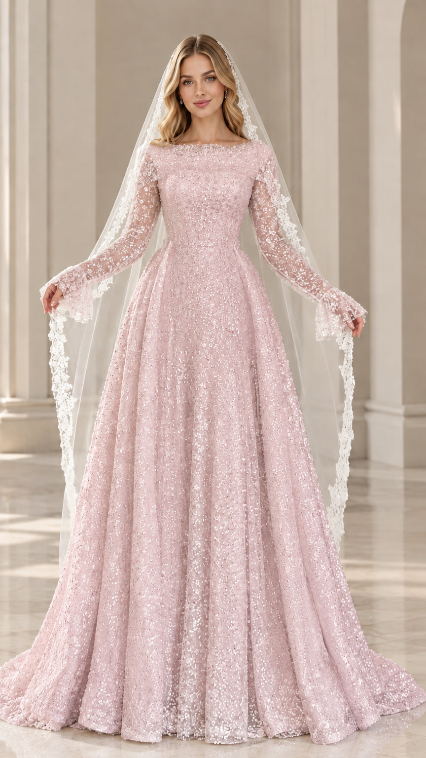 Model wearing dusty rose sequin lace formal gown with bell sleeves