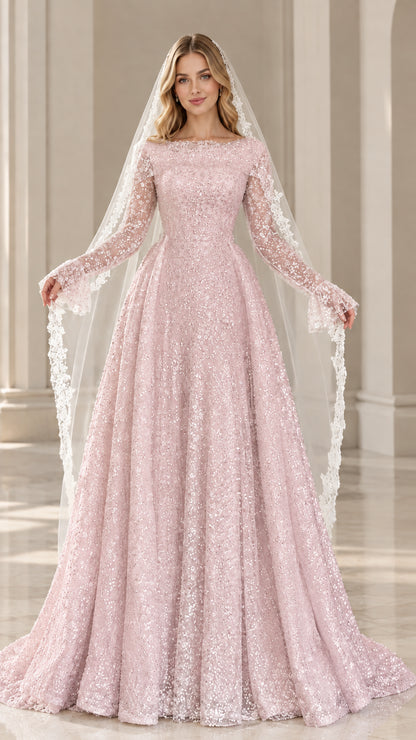 Model wearing dusty rose sequin lace formal gown with bell sleeves