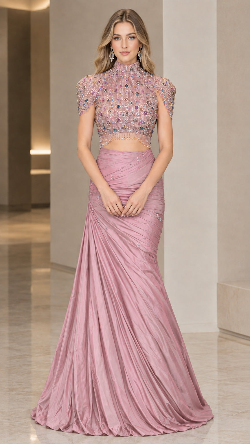 Full-length dusty rose two-piece embellished mermaid formal dress