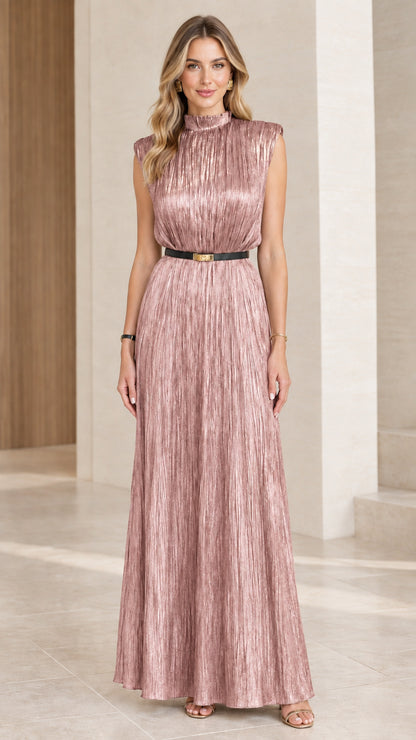 Model wearing dusty rose pleated shimmer floor-length evening dress