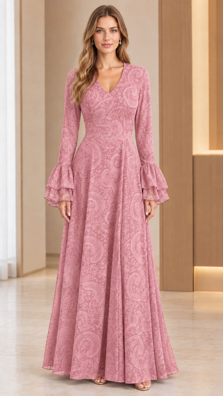 Front full-length view of dusty rose pink jacquard formal gown