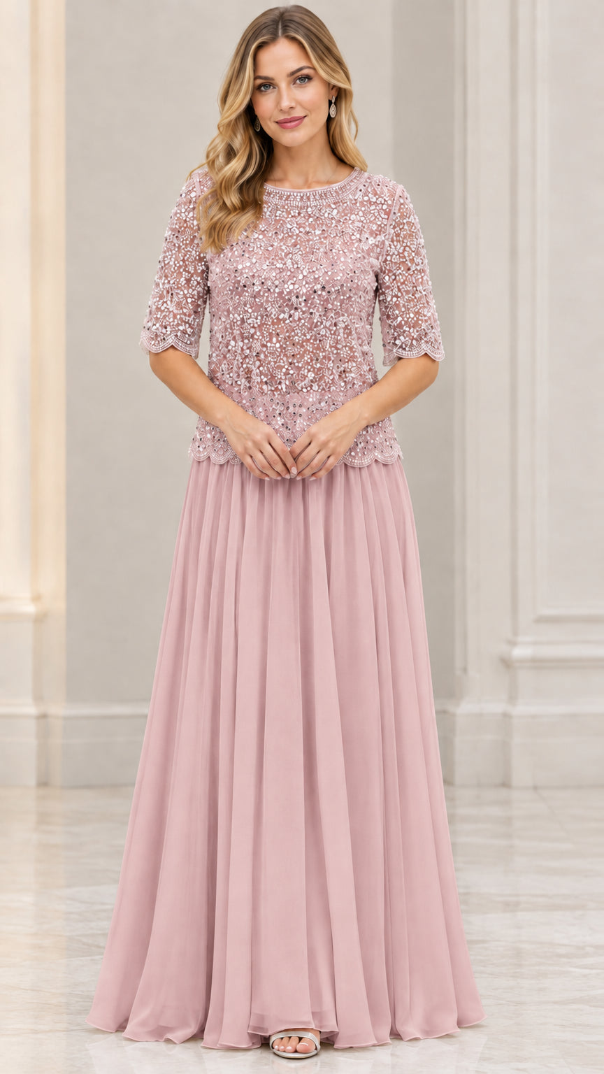 Model wearing Dusty Pink sequin bodice A-line chiffon formal gown