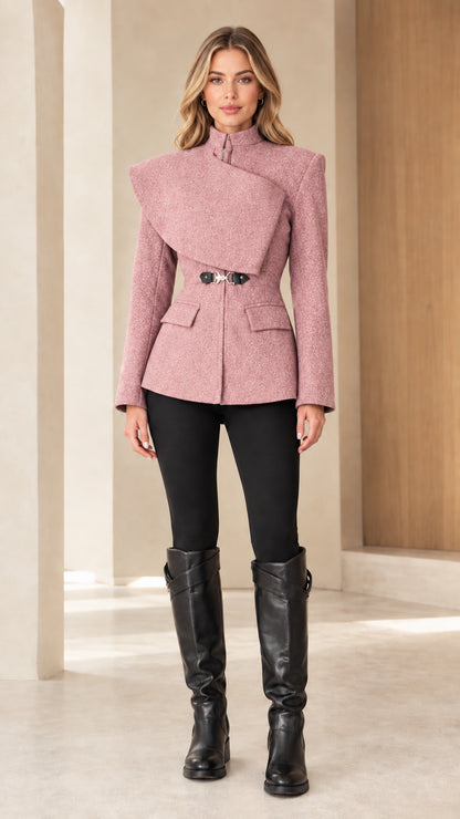 Front view of model wearing the tailored jacket in Dusty Pink