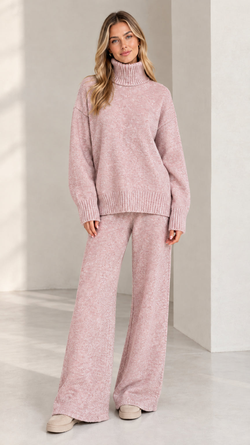 Women's dusty pink turtleneck knit sweater and matching wide leg pants set