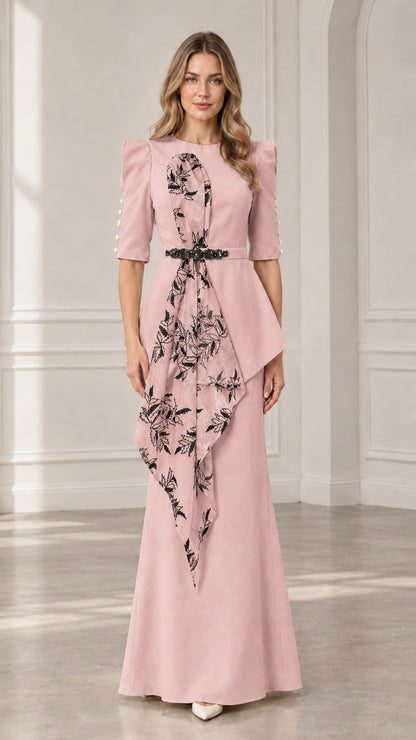 Dusty pink floral embroidered formal maxi dress
