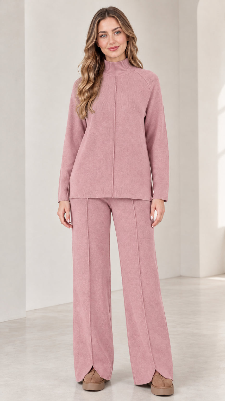 Front view of model wearing Dusty Pink mock neck two-piece knit lounge set