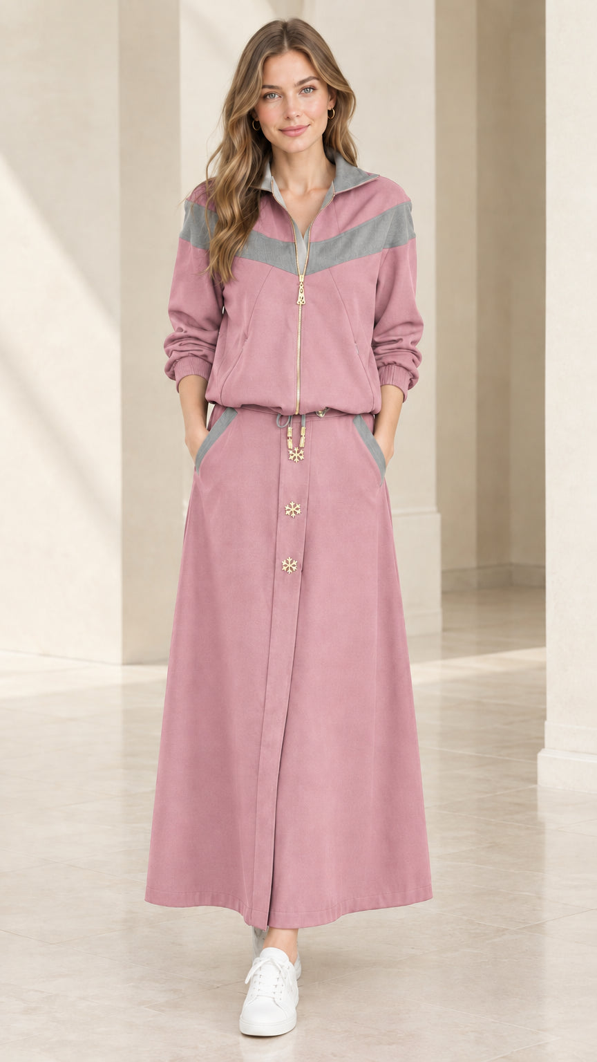 Full front view of dusty pink chevron colorblock two-piece maxi set