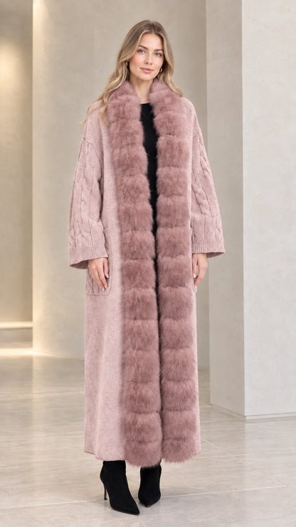 Front view of dusty pink faux fur trim maxi knit sweater coat