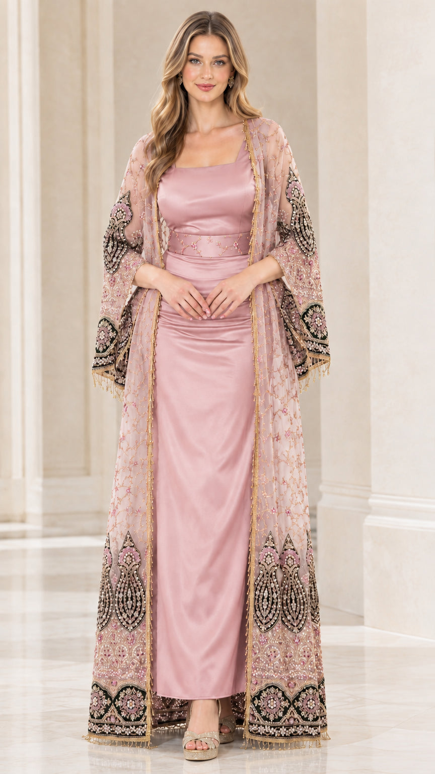 Front view of dusty pink embroidered jacket and satin column dress ensemble