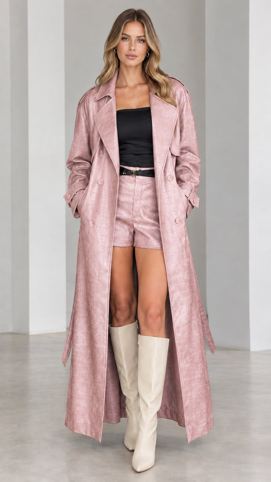Full-length front view of dusty pink croc-embossed maxi trench coat