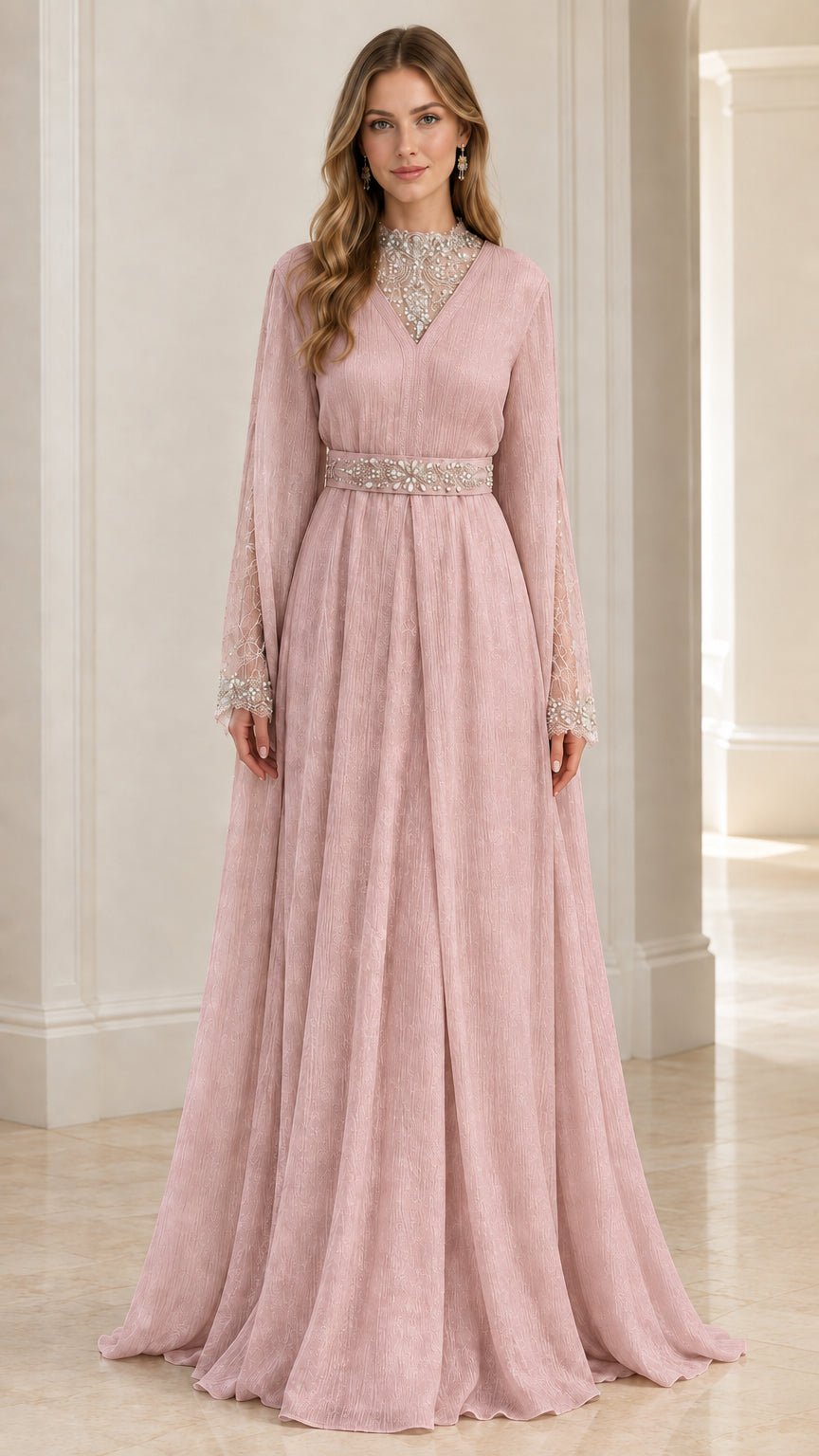 Full front view of dusty pink long sleeve beaded formal dress