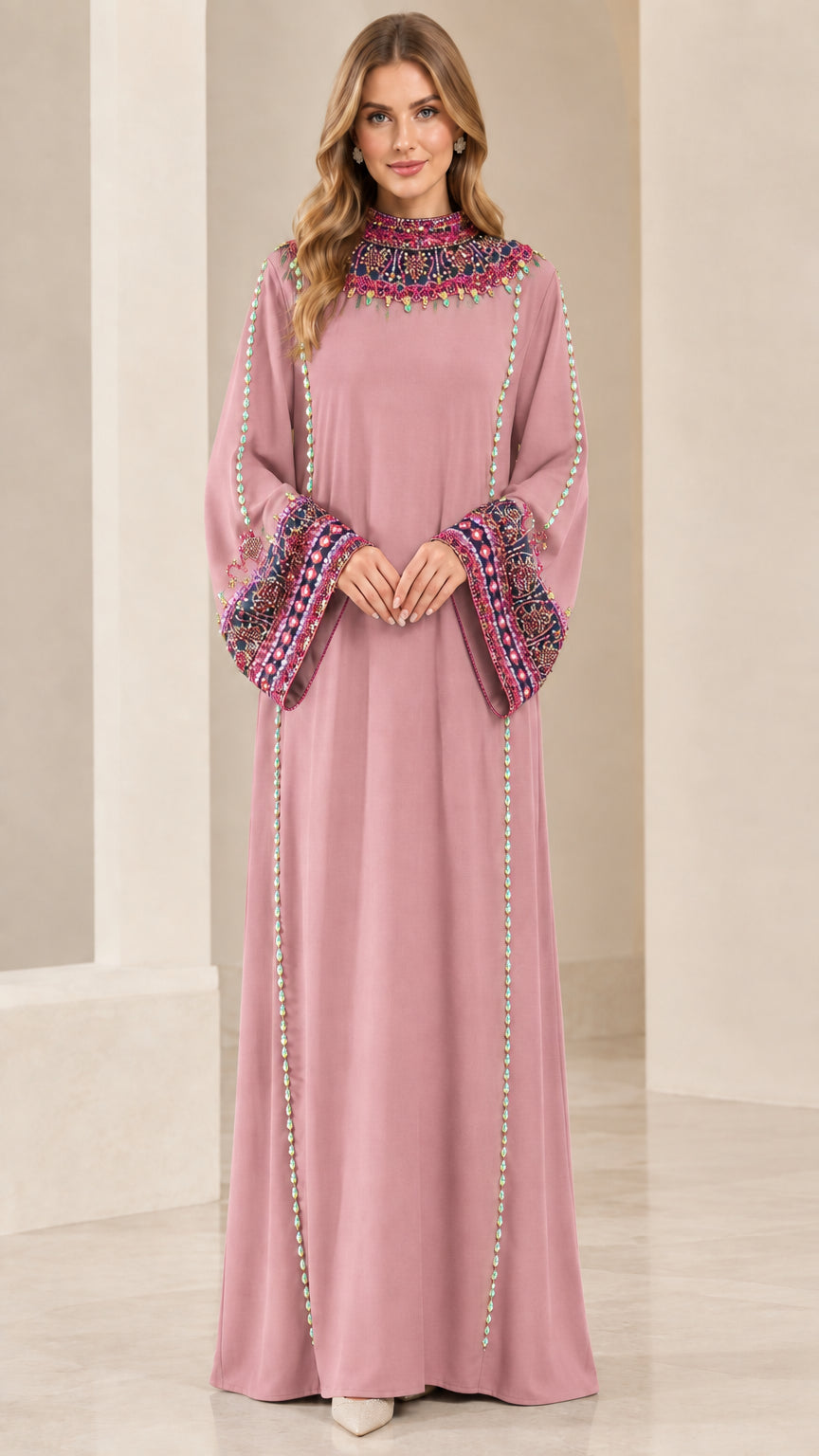 Front view of model wearing Dusty Pink embellished kaftan maxi dress