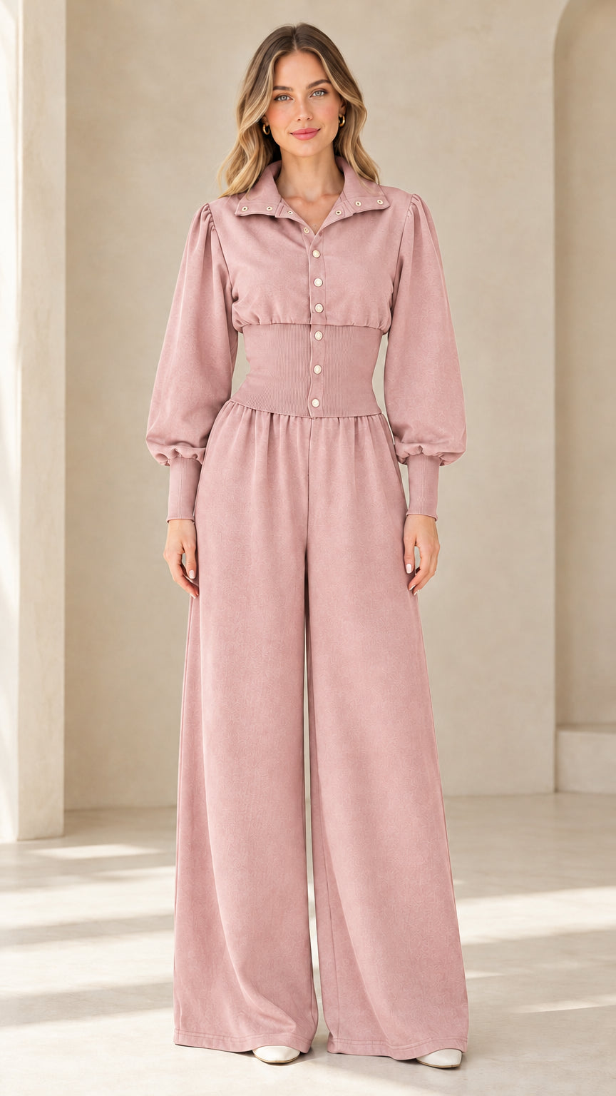 Front view of dusty pink collared wide-leg jumpsuit with ribbed waistband