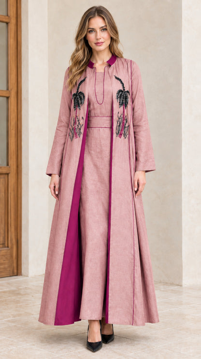 Dusty pink embroidered two-piece abaya maxi dress set with magenta contrast trim