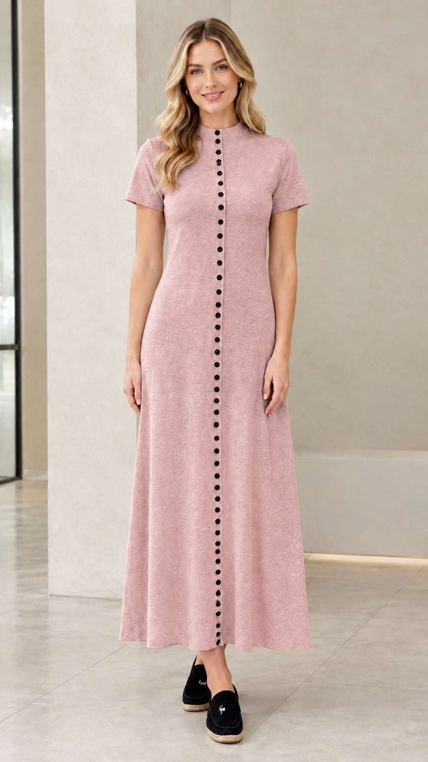 Full-length front view of woman wearing Dusty Pink button-front short sleeve maxi dress