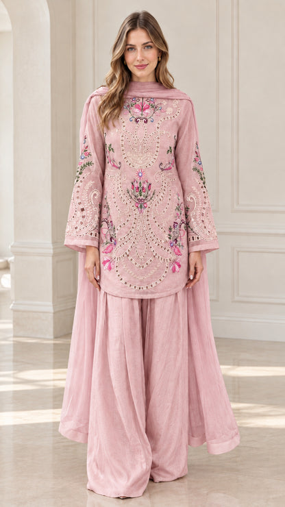 Woman wearing Dusty Pink floral embroidered kurti palazzo set