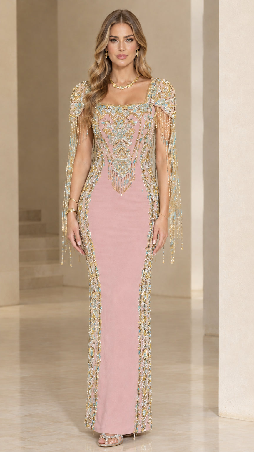 Dusty Pink beaded square neck formal gown with sparkling fringe accents