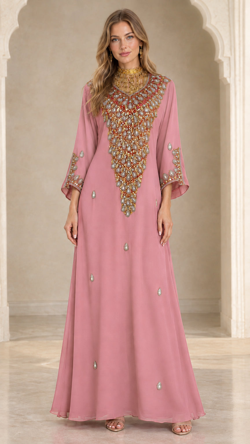 Front full view of dusty pink beaded kaftan floor-length dress