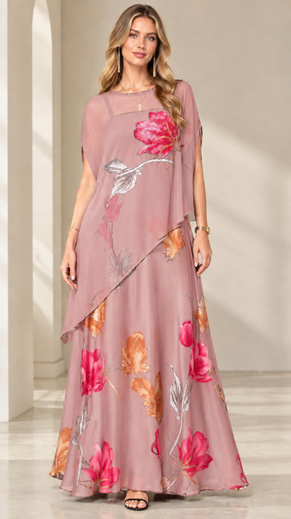 Dusty Pink floral chiffon overlay maxi dress front view