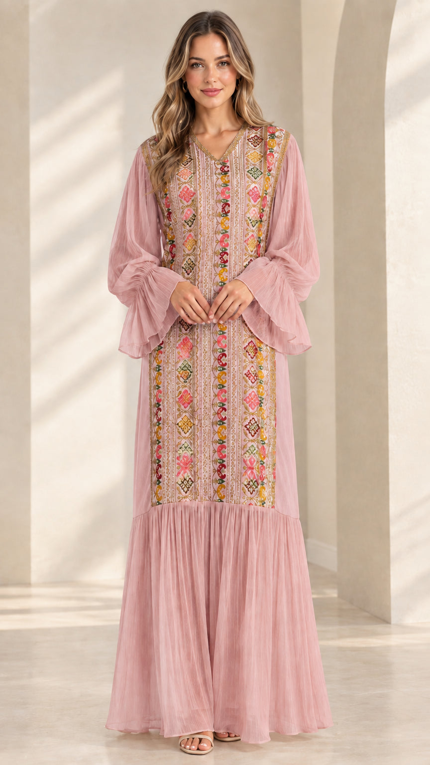 Blush pink embroidered-style panel maxi dress with tiered skirt