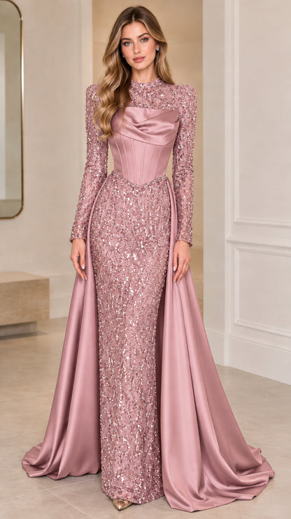 Dusty rose sequin long sleeve evening gown with draped satin corset and overskirt