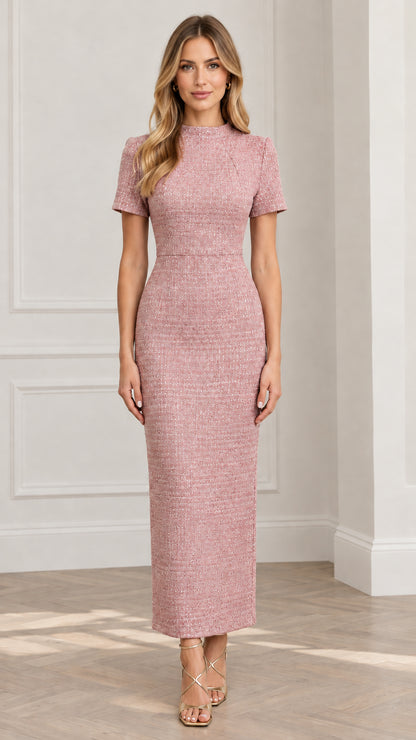 Front view of woman wearing Dusty Pink short sleeve tweed maxi sheath dress