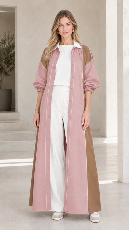 Dusty Pink and camel colorblock long duster shirt dress on model