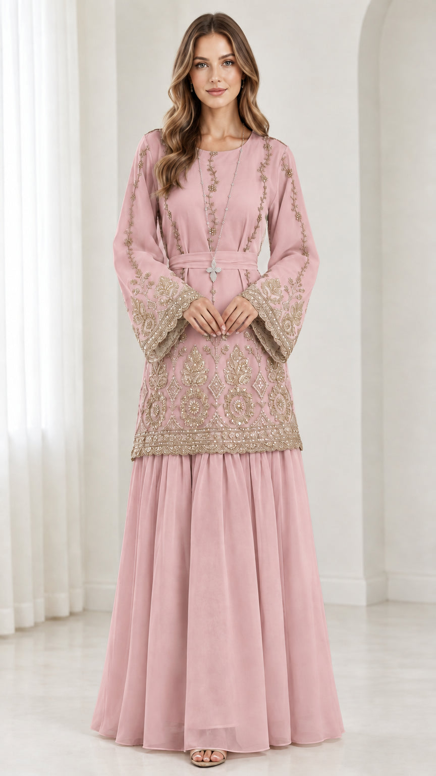 Dusty pink embroidered tunic and maxi skirt two-piece formal dress set