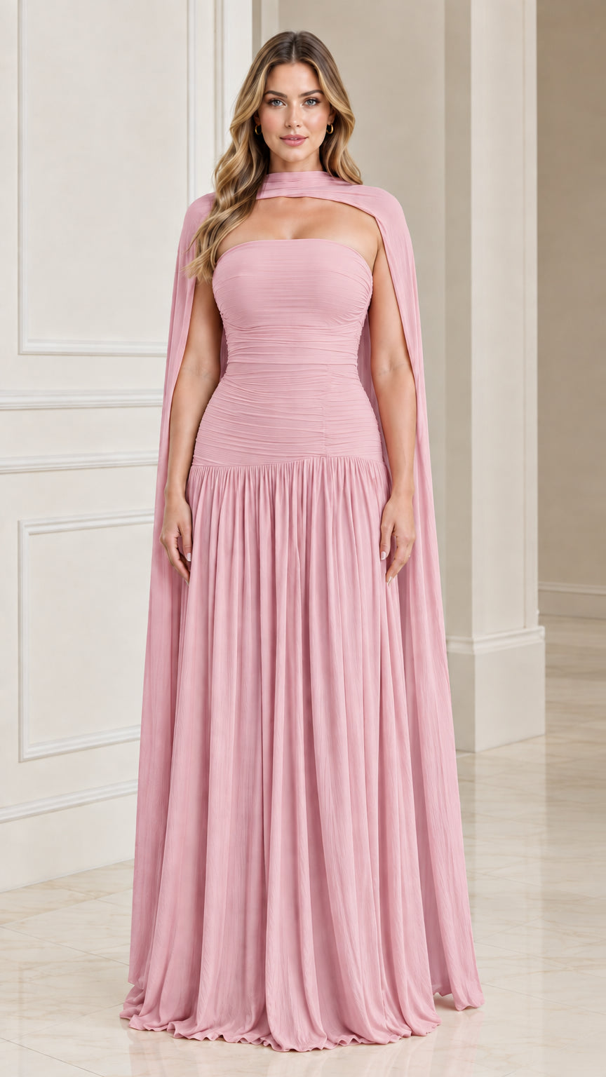 Dusty Pink ruched formal maxi dress with high-neck draped shoulder cape