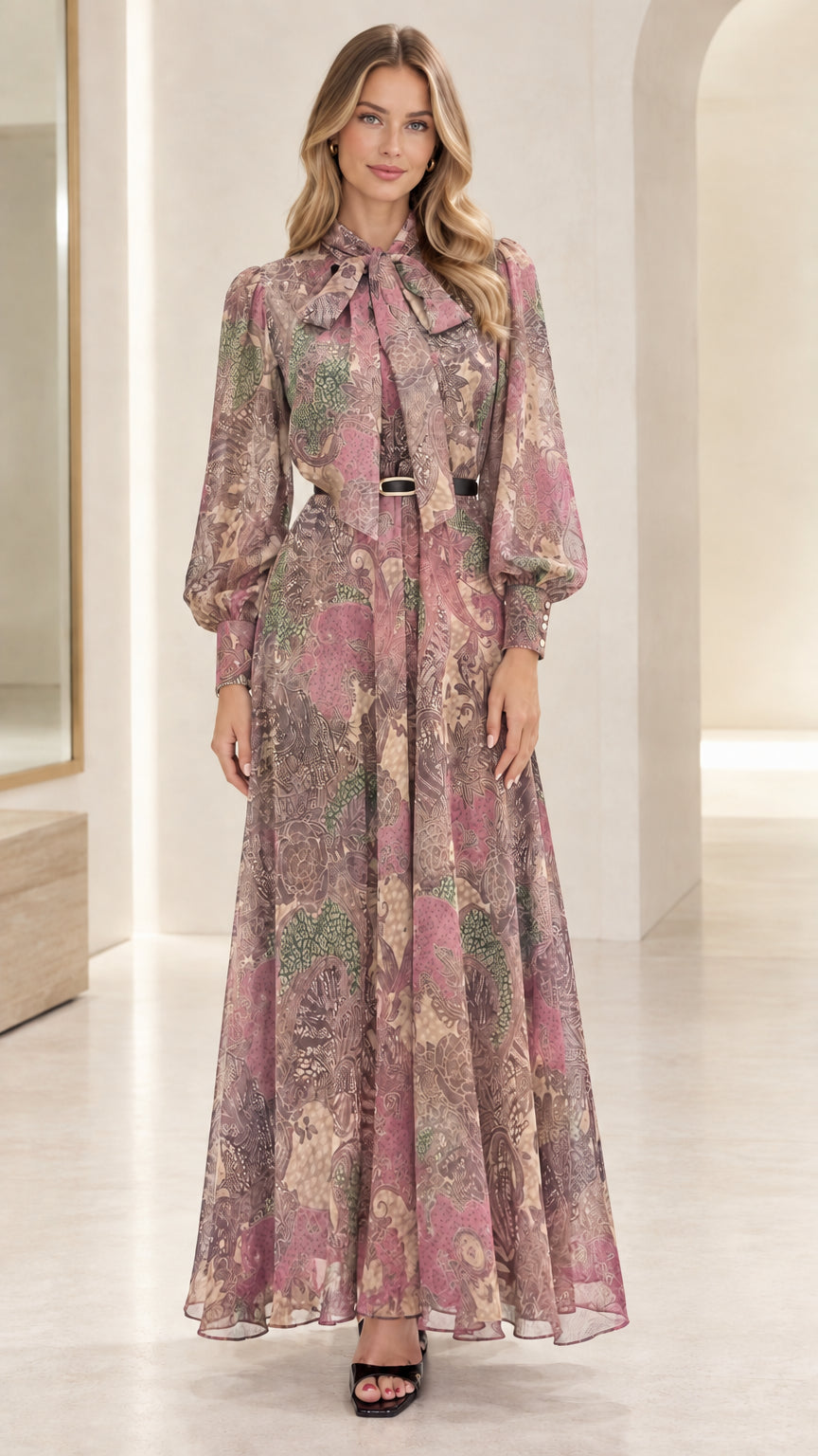 Front view of woman wearing Dusty Rose paisley belted maxi dress