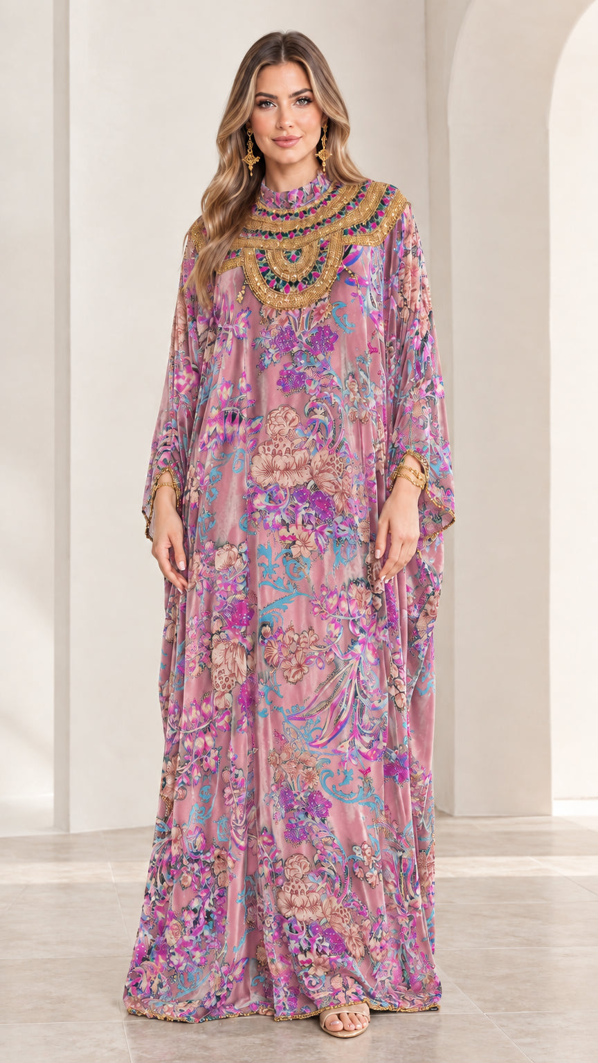 Front view of model wearing Dusty Pink floral velvet embellished kaftan maxi dress