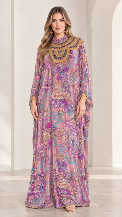Front view of model wearing Dusty Pink floral velvet embellished kaftan maxi dress