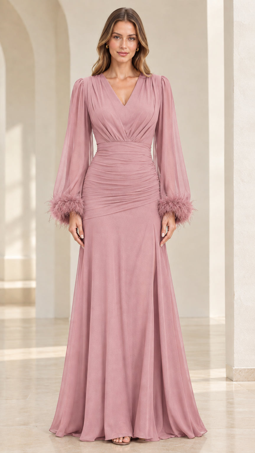 Model wearing dusty rose formal maxi gown with feather-trimmed bishop sleeves